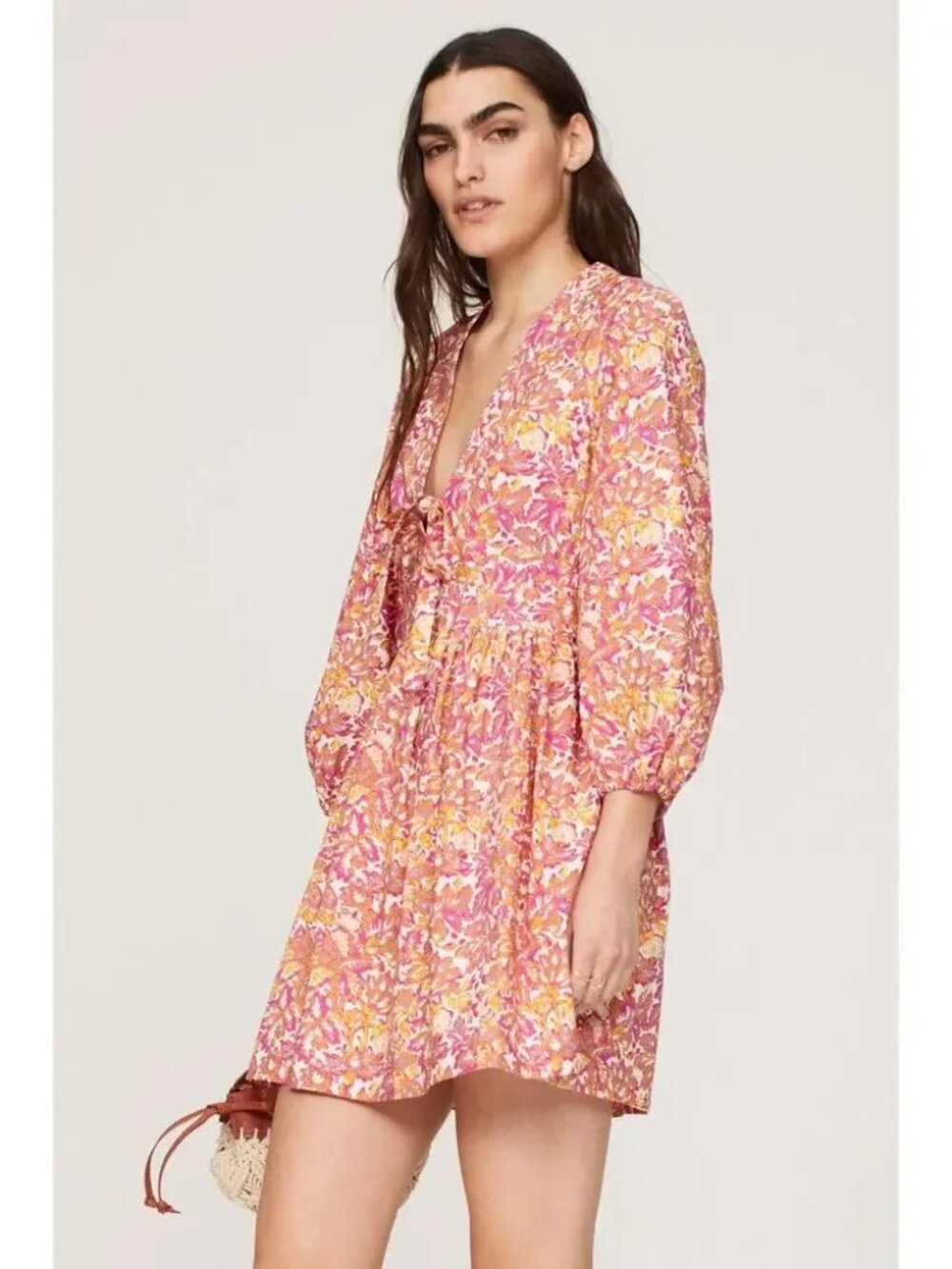 Vanessa Bruno Theis Mini Dress Cotton Puff Sleeve Deep V neck Summer Floral Pink